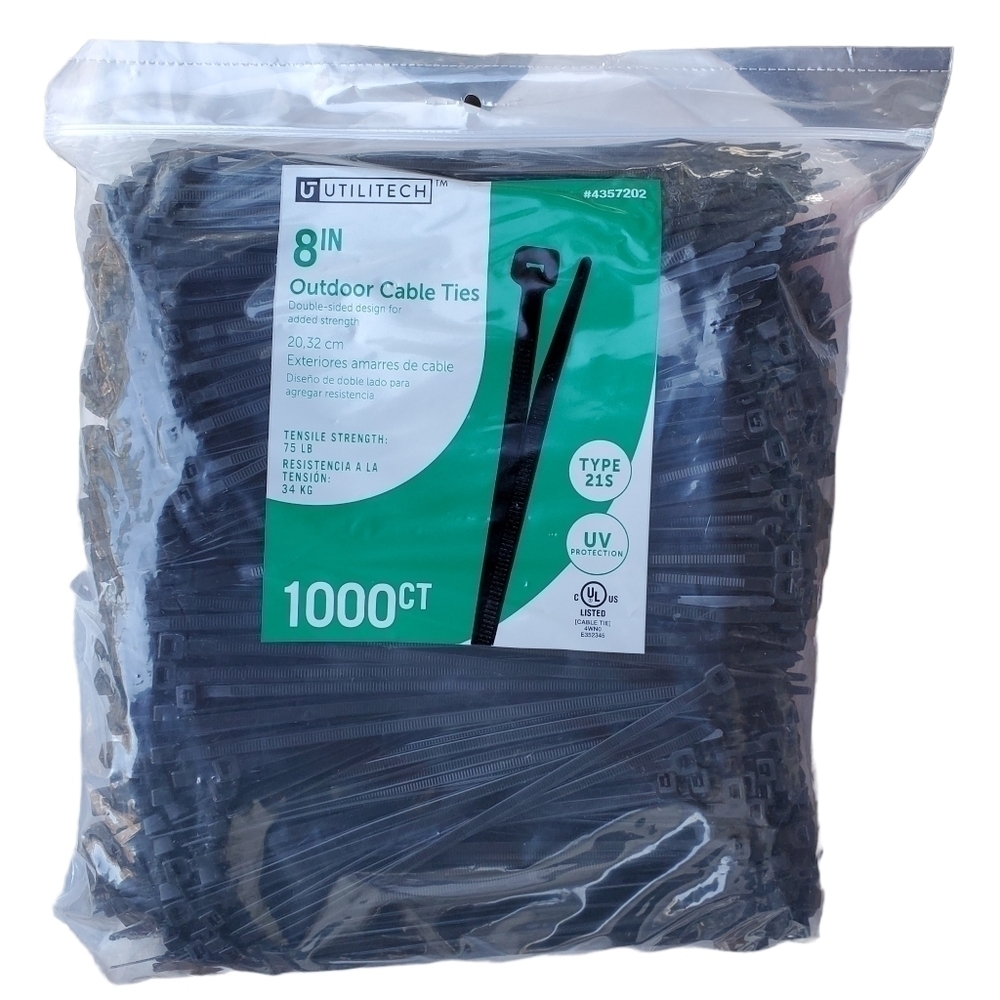 NEW Utilitech 8" Outdoor Cable Ties 1000ct 75lb strength 21S double sided